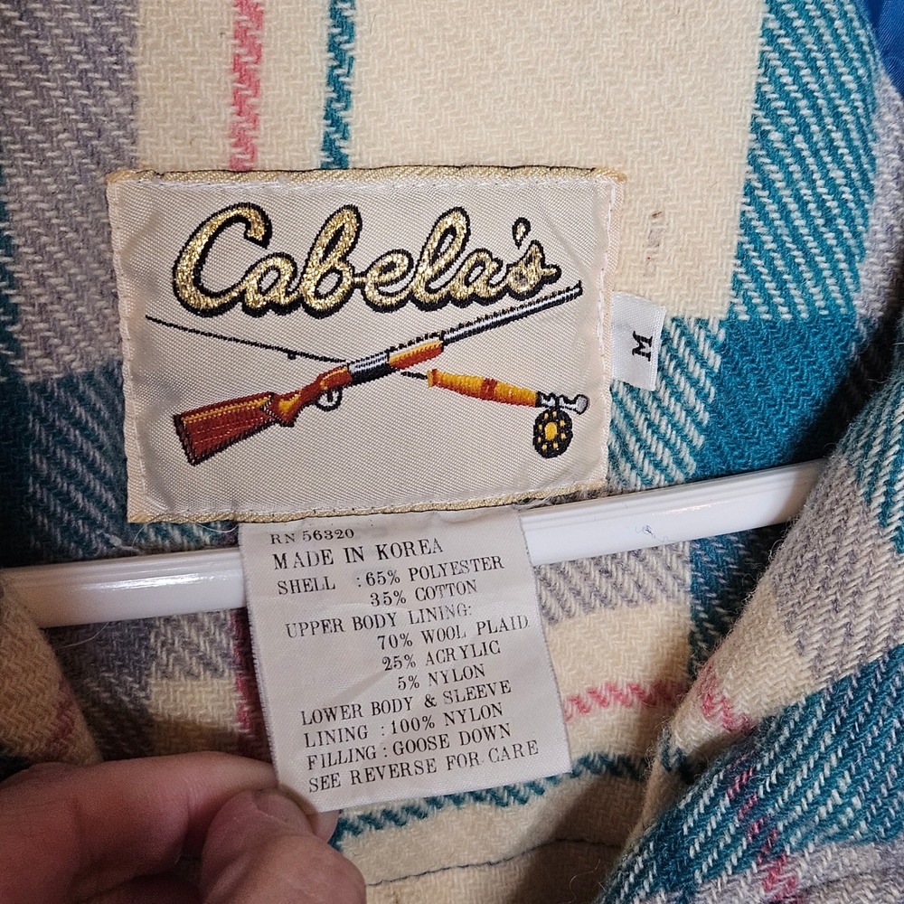 Cabelas Vintage Womens M Goose Down Long Coat Blue Plaid Lined Hunting Winter - Picture 3 of 5